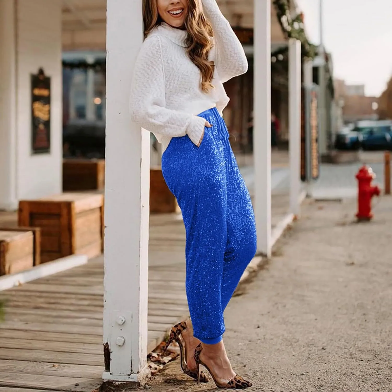 Women Sparkly Flared Leg Pants Cloth High Sequin Women Foot Sexy Pants Fashion Waisted Tape Trousers Night Out