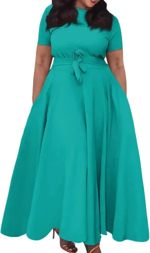 Women Spring High Waist Short Sleeve Casual Solid Color Round Neck Drawstring Swing Big Hem Maxi Dresses, XL-5XL