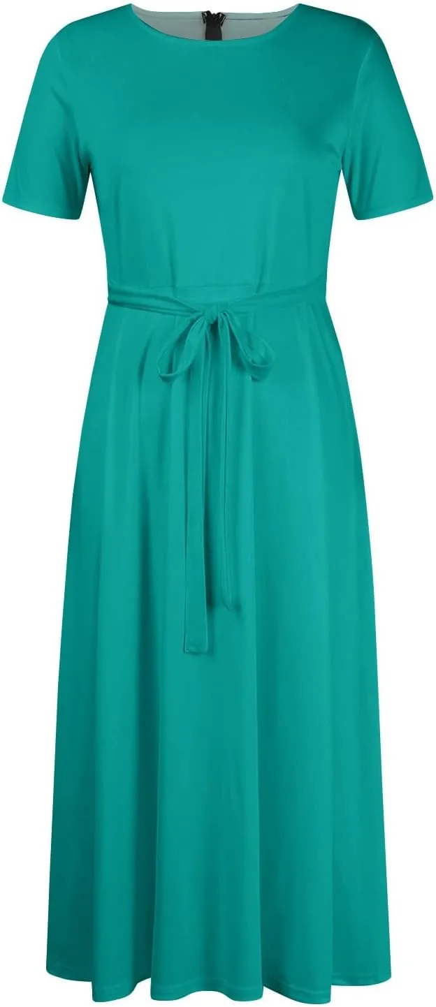 Women Spring High Waist Short Sleeve Casual Solid Color Round Neck Drawstring Swing Big Hem Maxi Dresses, XL-5XL
