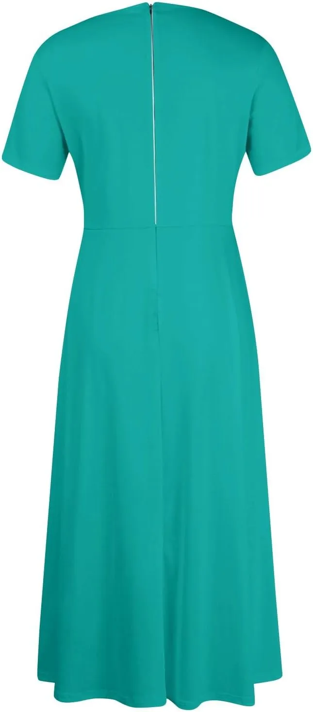Women Spring High Waist Short Sleeve Casual Solid Color Round Neck Drawstring Swing Big Hem Maxi Dresses, XL-5XL