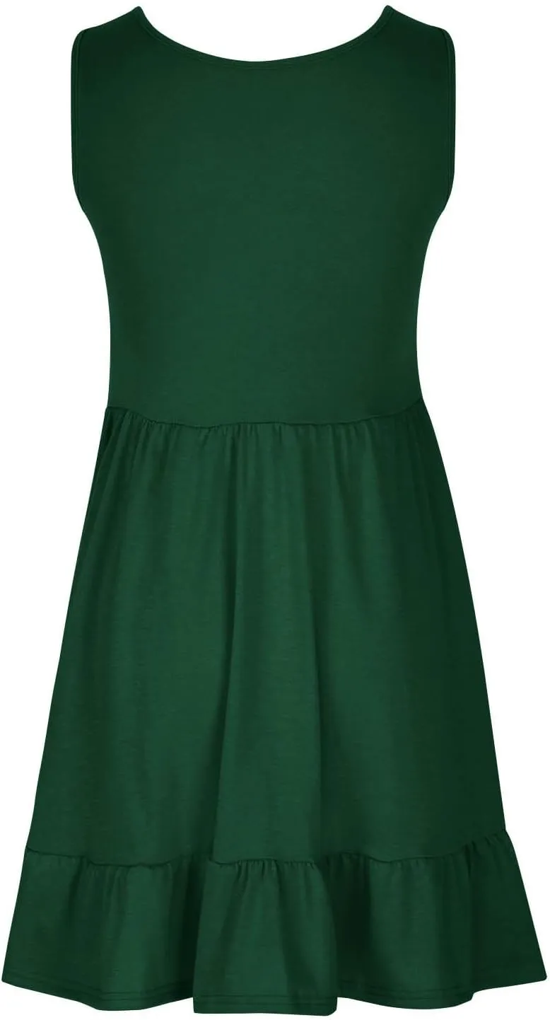 Women Summer Sundress Boho Sleeveless Knee Length Tank Dresses Pleated Ruffle Flowy A Line Swing Dress with Pockets