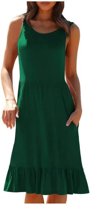 Women Summer Sundress Boho Sleeveless Knee Length Tank Dresses Pleated Ruffle Flowy A Line Swing Dress with Pockets