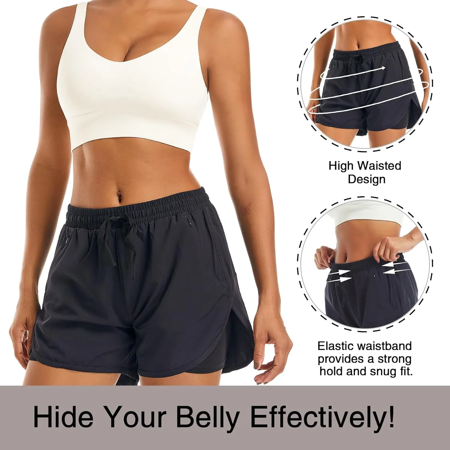 Women's 2 in 1 Athletic Running Shorts High Waisted Workout Casual Gym Sweat Shorts Mesh Comfy Liner Zipper Pockets
