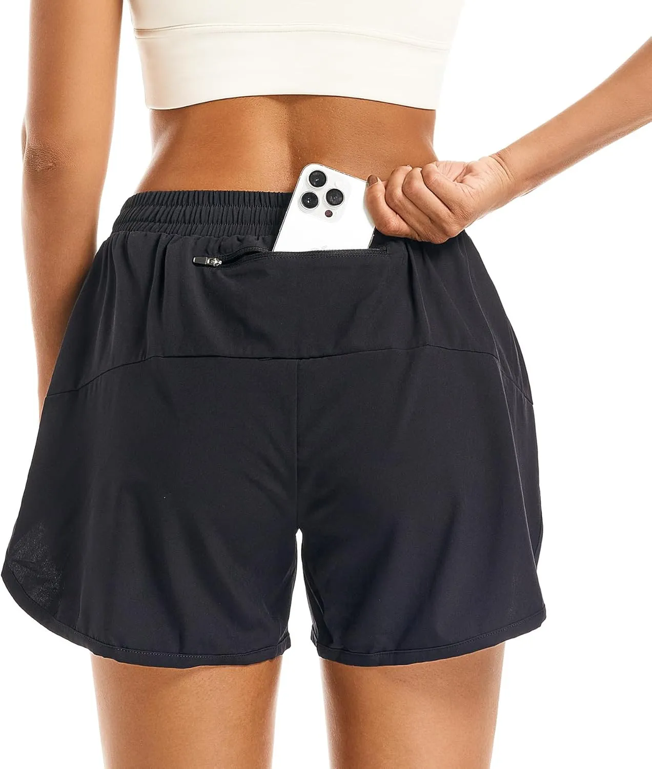 Women's 2 in 1 Athletic Running Shorts High Waisted Workout Casual Gym Sweat Shorts Mesh Comfy Liner Zipper Pockets