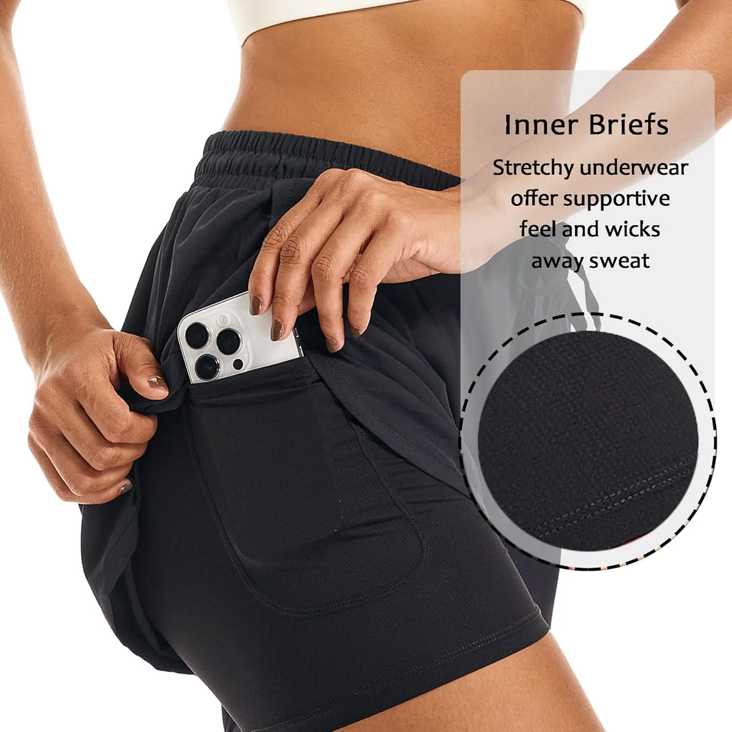 Women's 2 in 1 Athletic Running Shorts High Waisted Workout Casual Gym Sweat Shorts Mesh Comfy Liner Zipper Pockets