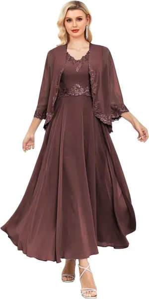Women's 2 Piece Mother of The Bride Dresses with Jacket Chiffon Lace Formal Wedding Guest Dress 3/4 Sleeve Evening Gown