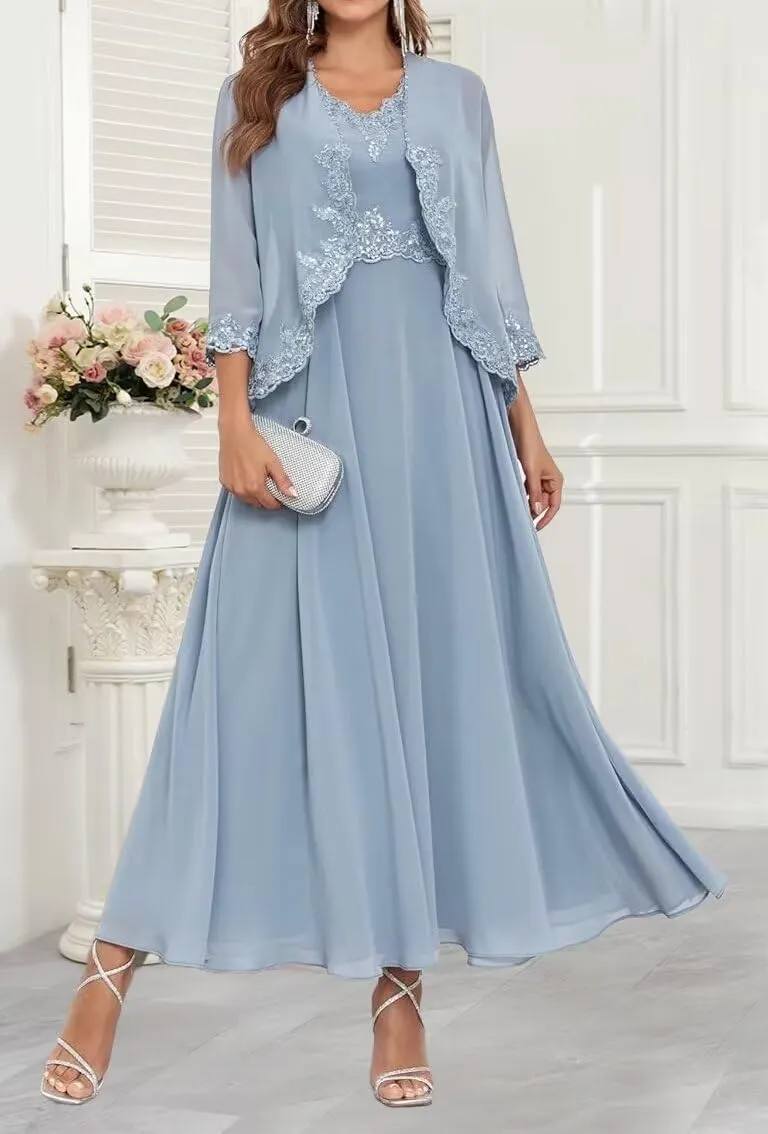 Women's 2 Piece Mother of The Bride Dresses with Jacket Chiffon Lace Formal Wedding Guest Dress 3/4 Sleeve Evening Gown