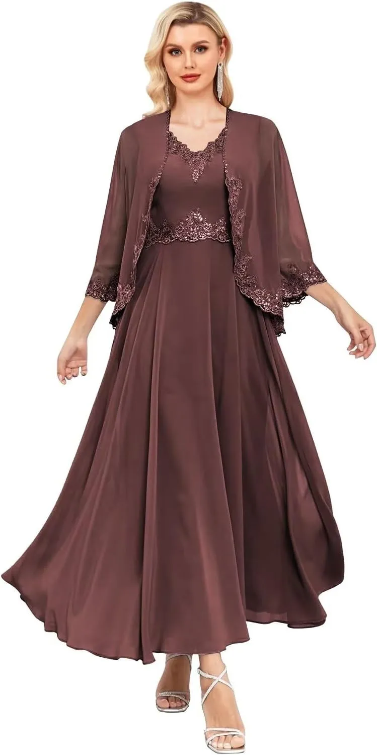 Women's 2 Piece Mother of The Bride Dresses with Jacket Chiffon Lace Formal Wedding Guest Dress 3/4 Sleeve Evening Gown
