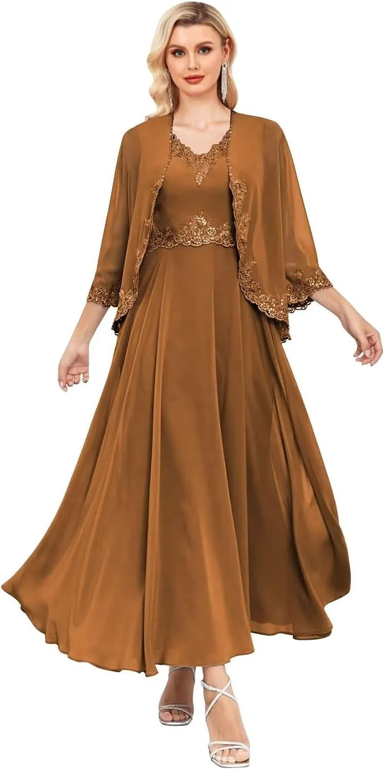 Women's 2 Piece Mother of The Bride Dresses with Jacket Chiffon Lace Formal Wedding Guest Dress 3/4 Sleeve Evening Gown