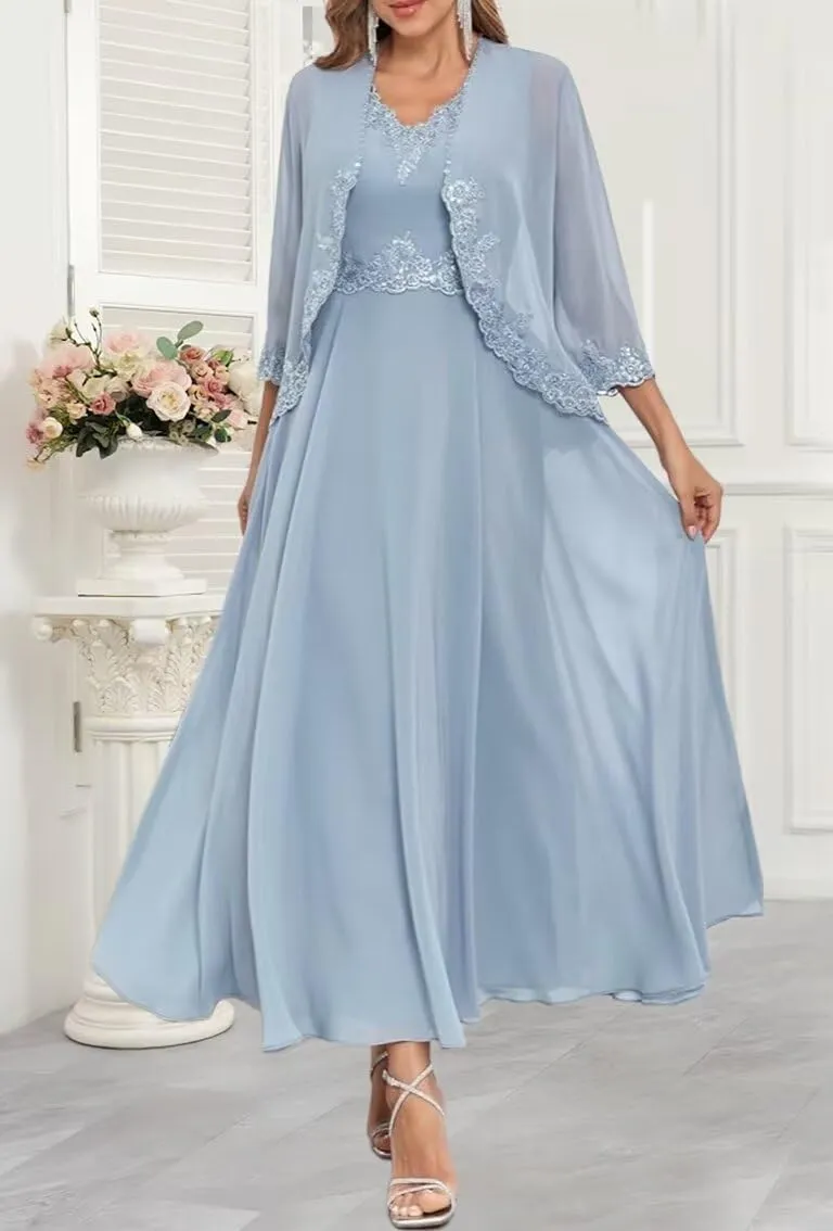 Women's 2 Piece Mother of The Bride Dresses with Jacket Chiffon Lace Formal Wedding Guest Dress 3/4 Sleeve Evening Gown