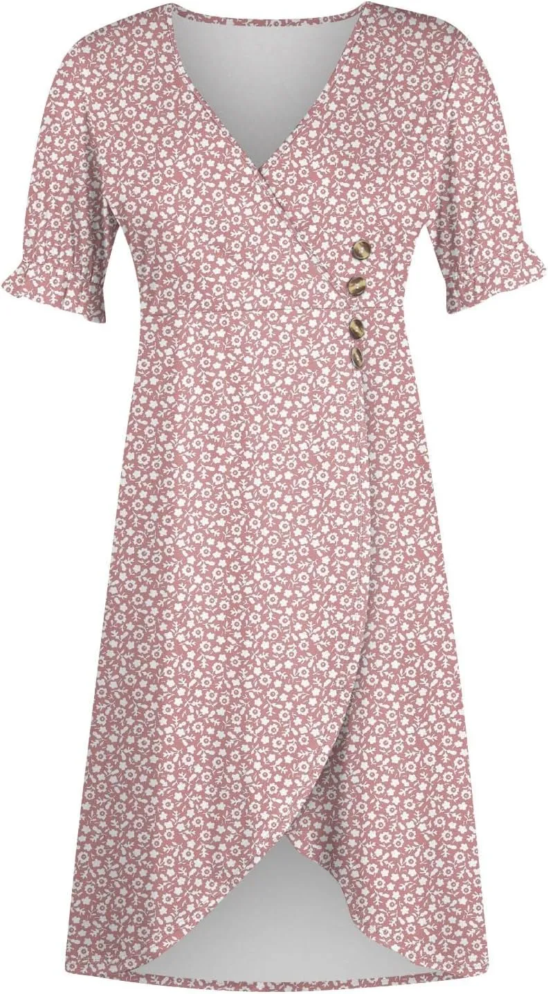 Women's 2024 Puff Sleeve Wrap Midi Dress Floral V Neck Bodycon Dress Formal Cocktail Party Work Dresses S-3XL