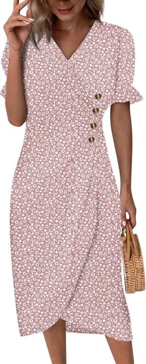 Women's 2024 Puff Sleeve Wrap Midi Dress Floral V Neck Bodycon Dress Formal Cocktail Party Work Dresses S-3XL