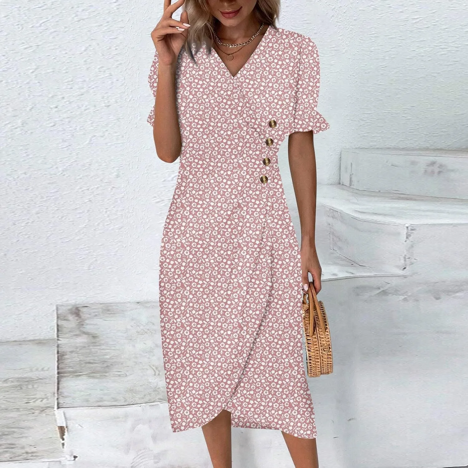 Women's 2024 Puff Sleeve Wrap Midi Dress Floral V Neck Bodycon Dress Formal Cocktail Party Work Dresses S-3XL
