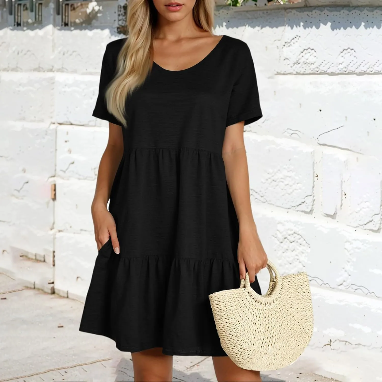 Women's 2025 Casual Loose Plain Midi Sundress Beach Vacation Short Sleeve Summer Beach Tiered Party Dresses