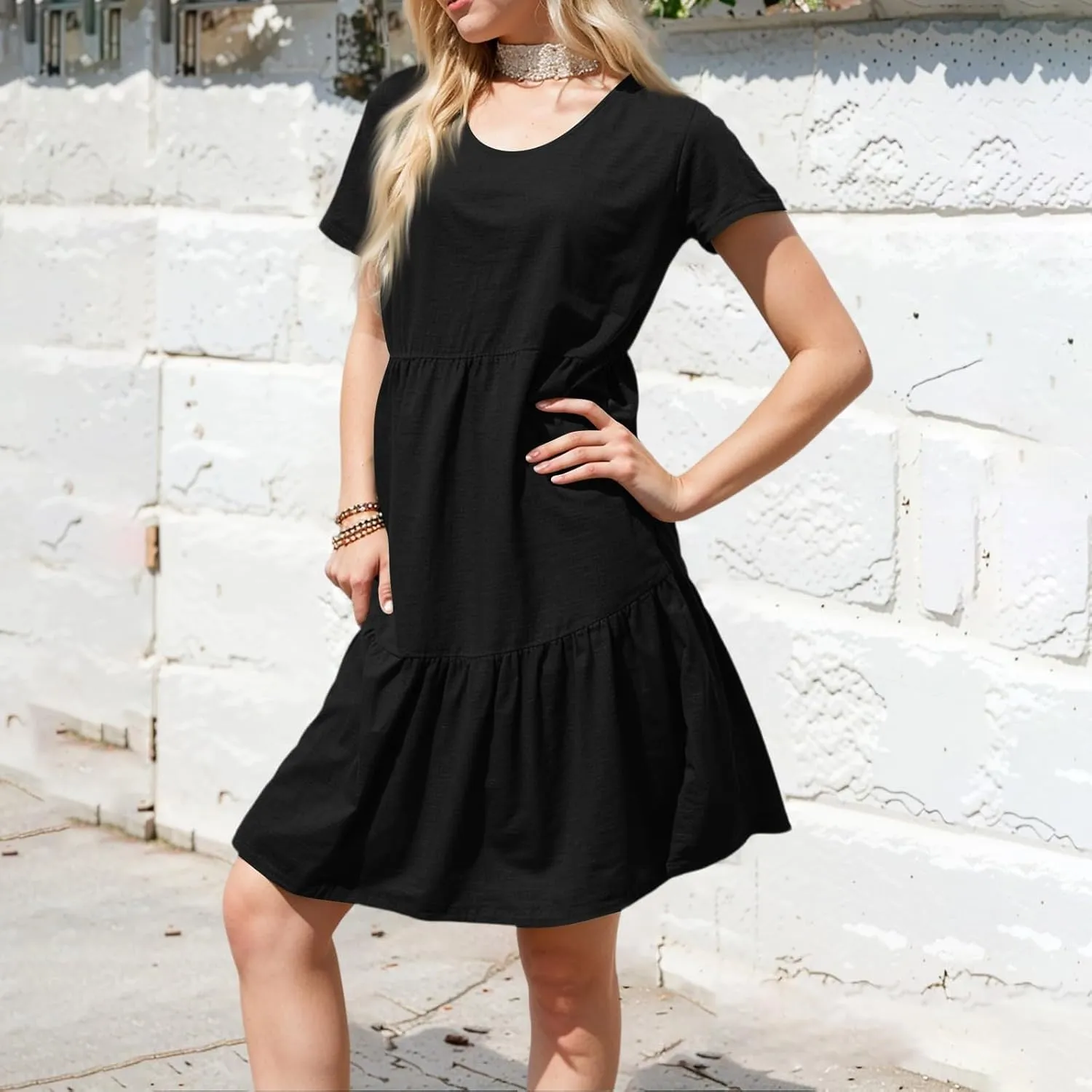 Women's 2025 Casual Loose Plain Midi Sundress Beach Vacation Short Sleeve Summer Beach Tiered Party Dresses