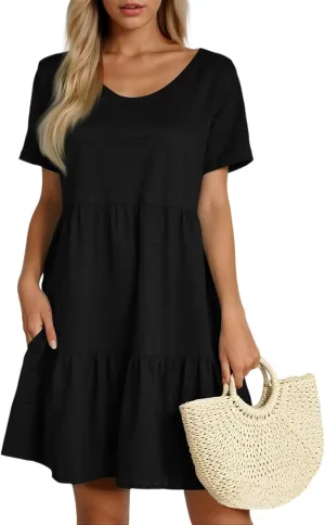 Women's 2025 Casual Loose Plain Midi Sundress Beach Vacation Short Sleeve Summer Beach Tiered Party Dresses