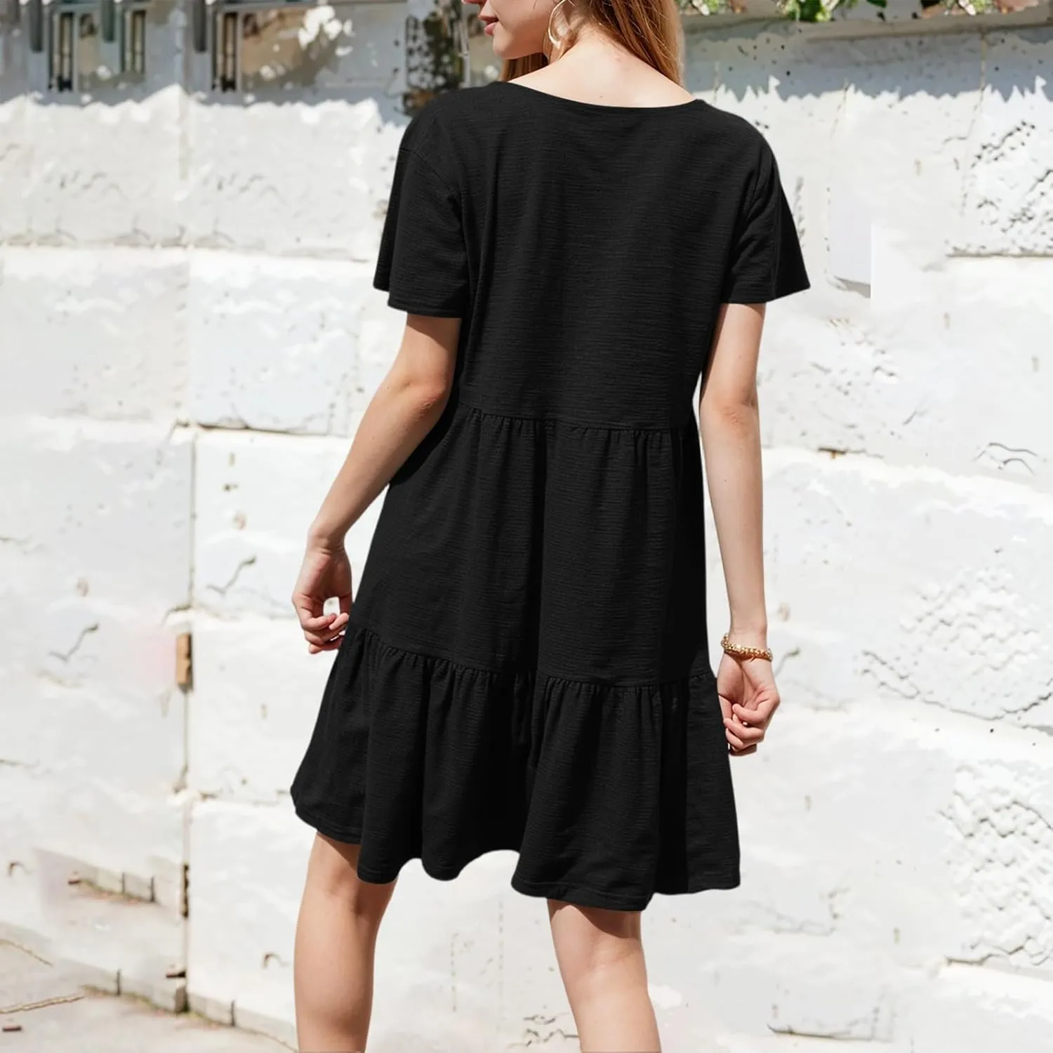 Women's 2025 Casual Loose Plain Midi Sundress Beach Vacation Short Sleeve Summer Beach Tiered Party Dresses