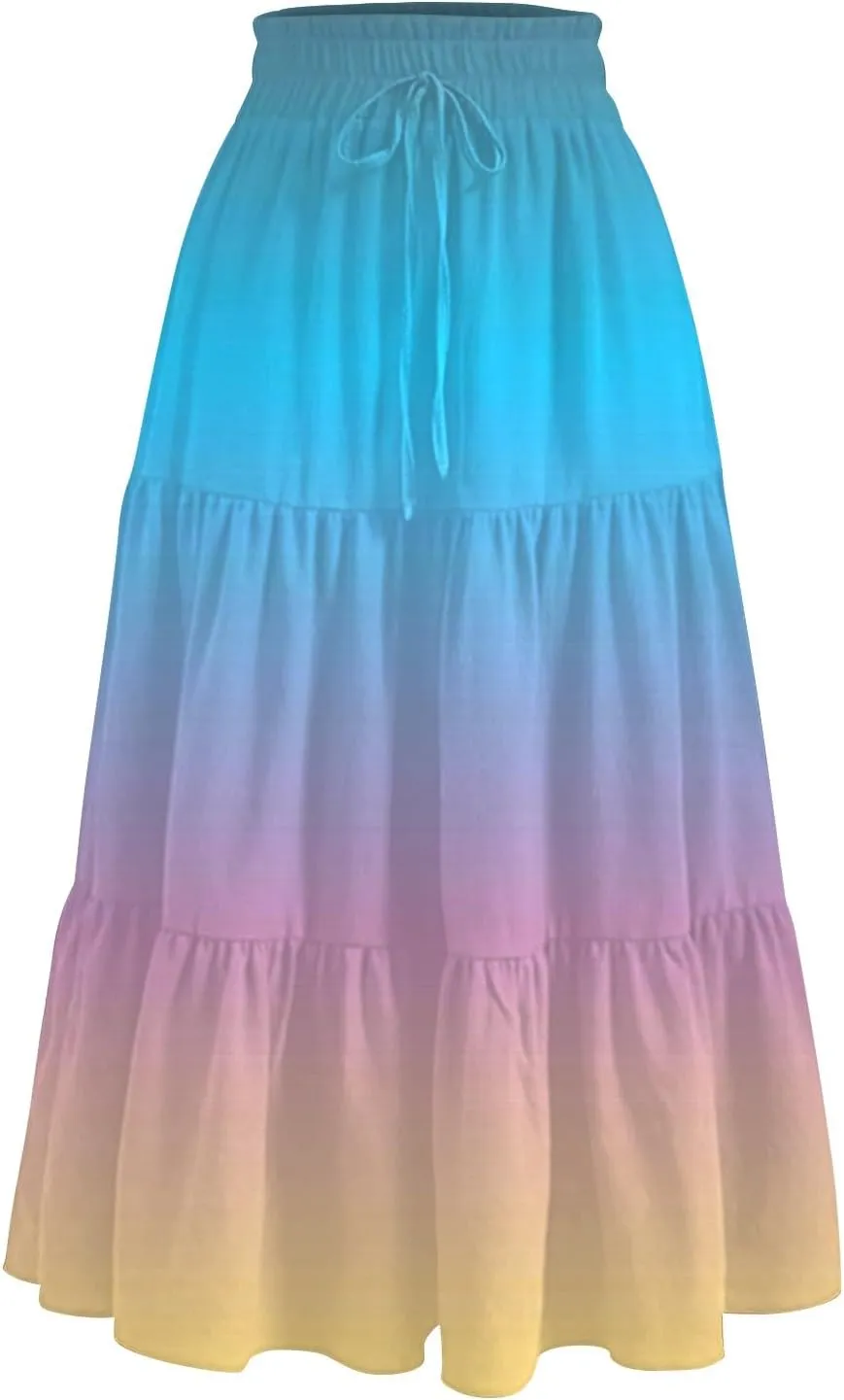 Women's 2025 Summer Bohemian Elastic Waist Gradient Flared A Line Midi Skirt with Pockets, S-2XL