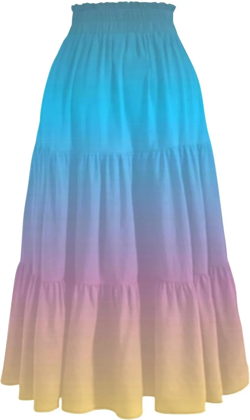 Women's 2025 Summer Bohemian Elastic Waist Gradient Flared A Line Midi Skirt with Pockets, S-2XL