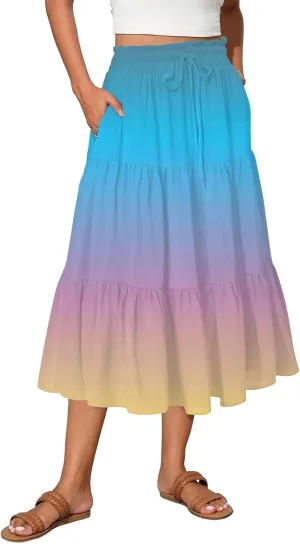 Women's 2025 Summer Bohemian Elastic Waist Gradient Flared A Line Midi Skirt with Pockets, S-2XL