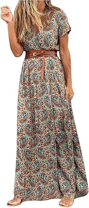 Women's 2025 Summer Boho Dresses Floral Short Sleeve Maxi Dress Sexy V Neck Swing Dress Slit Long Dresses Sundresses