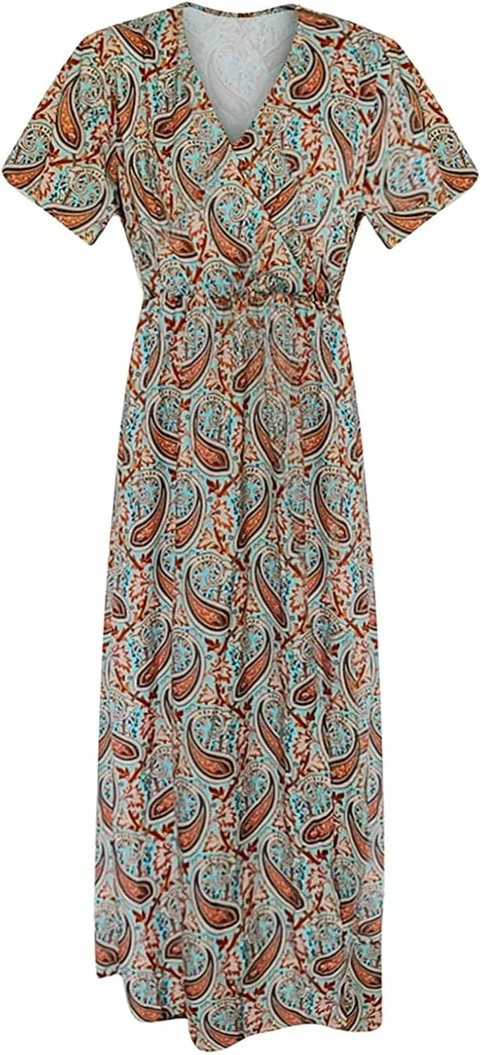 Women's 2025 Summer Boho Dresses Floral Short Sleeve Maxi Dress Sexy V Neck Swing Dress Slit Long Dresses Sundresses