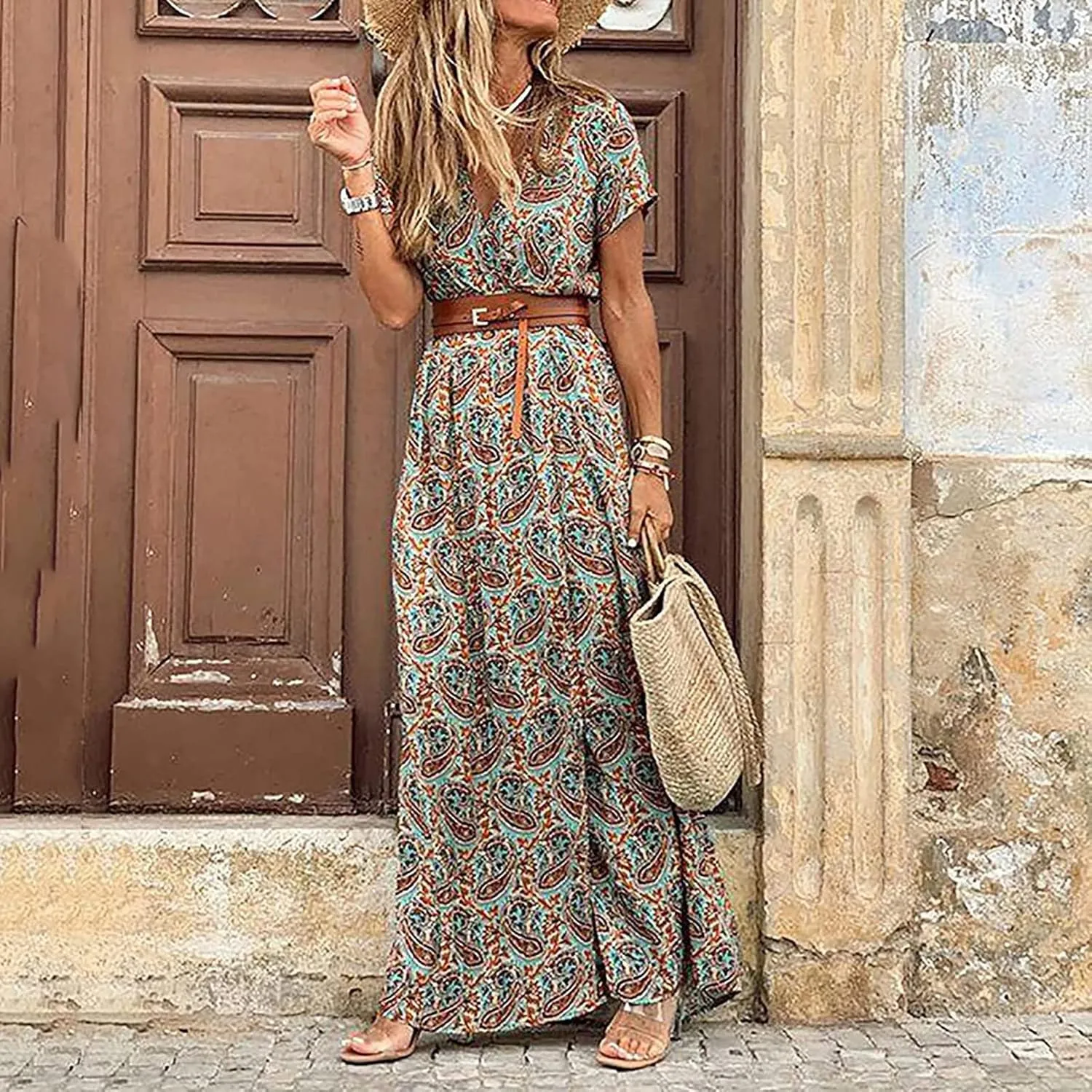 Women's 2025 Summer Boho Dresses Floral Short Sleeve Maxi Dress Sexy V Neck Swing Dress Slit Long Dresses Sundresses