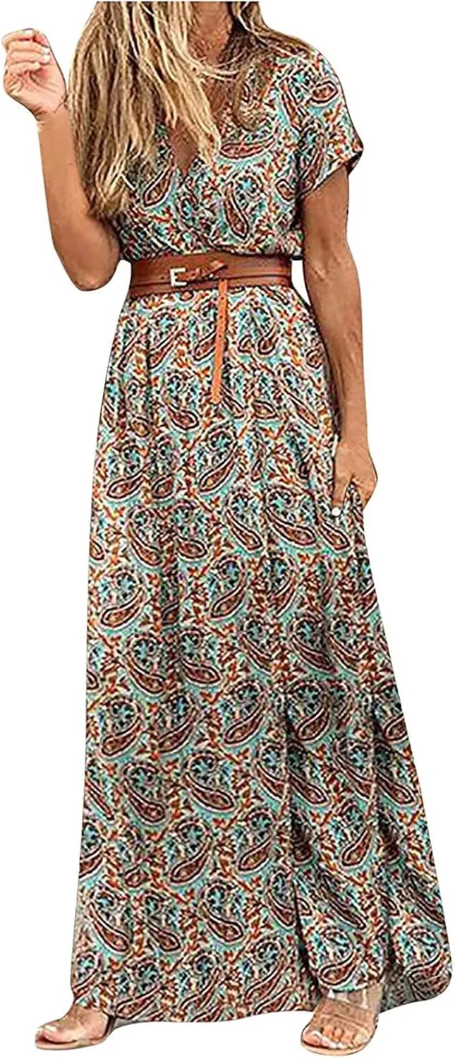 Women's 2025 Summer Boho Dresses Floral Short Sleeve Maxi Dress Sexy V Neck Swing Dress Slit Long Dresses Sundresses