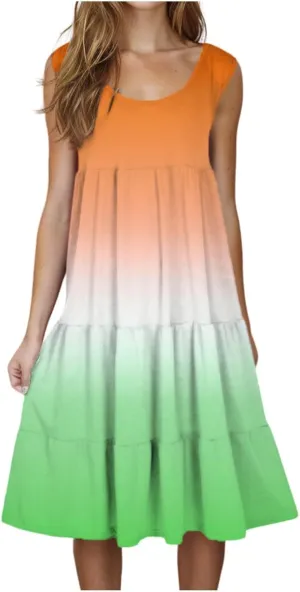 Womens 2025 Summer Casual Boho Dresses Sleeveless Color Block Ruffle Tiered Sundresses Cute Crew Neck Mini Dress