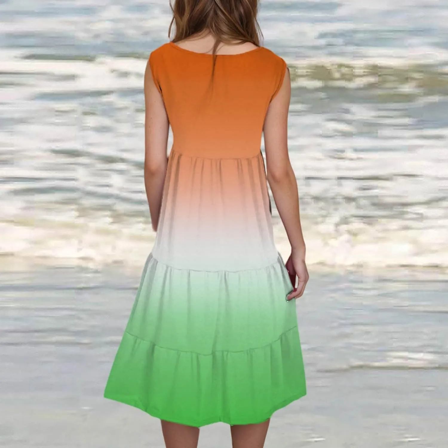 Womens 2025 Summer Casual Boho Dresses Sleeveless Color Block Ruffle Tiered Sundresses Cute Crew Neck Mini Dress