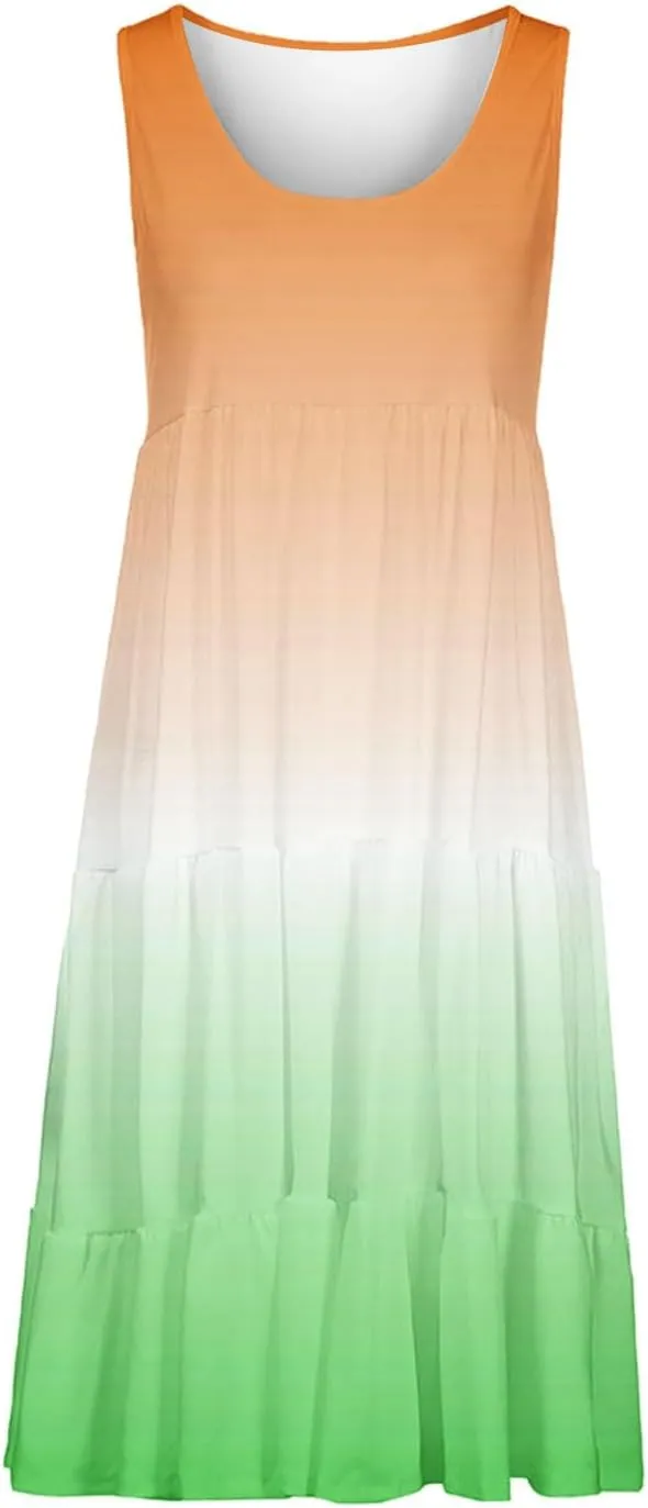 Womens 2025 Summer Casual Boho Dresses Sleeveless Color Block Ruffle Tiered Sundresses Cute Crew Neck Mini Dress