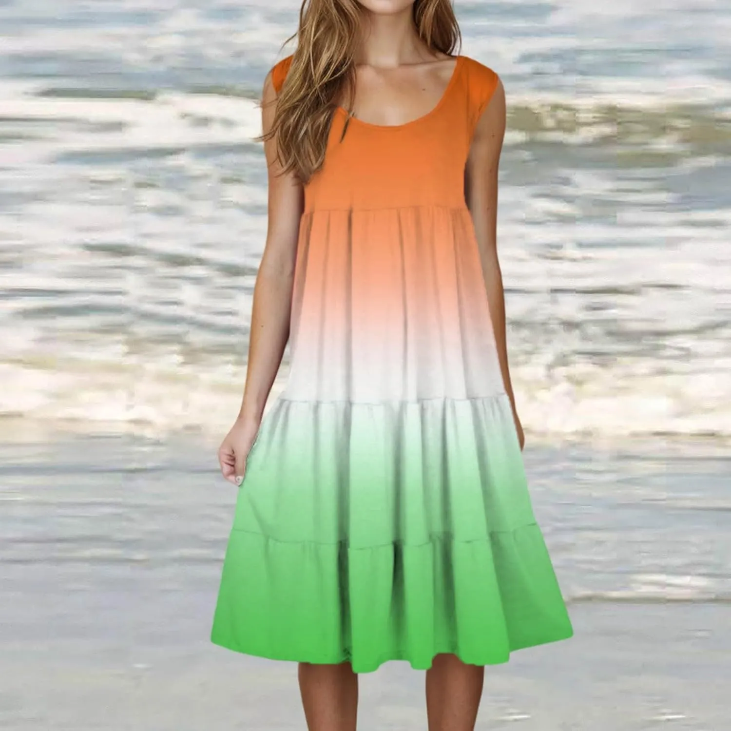Womens 2025 Summer Casual Boho Dresses Sleeveless Color Block Ruffle Tiered Sundresses Cute Crew Neck Mini Dress