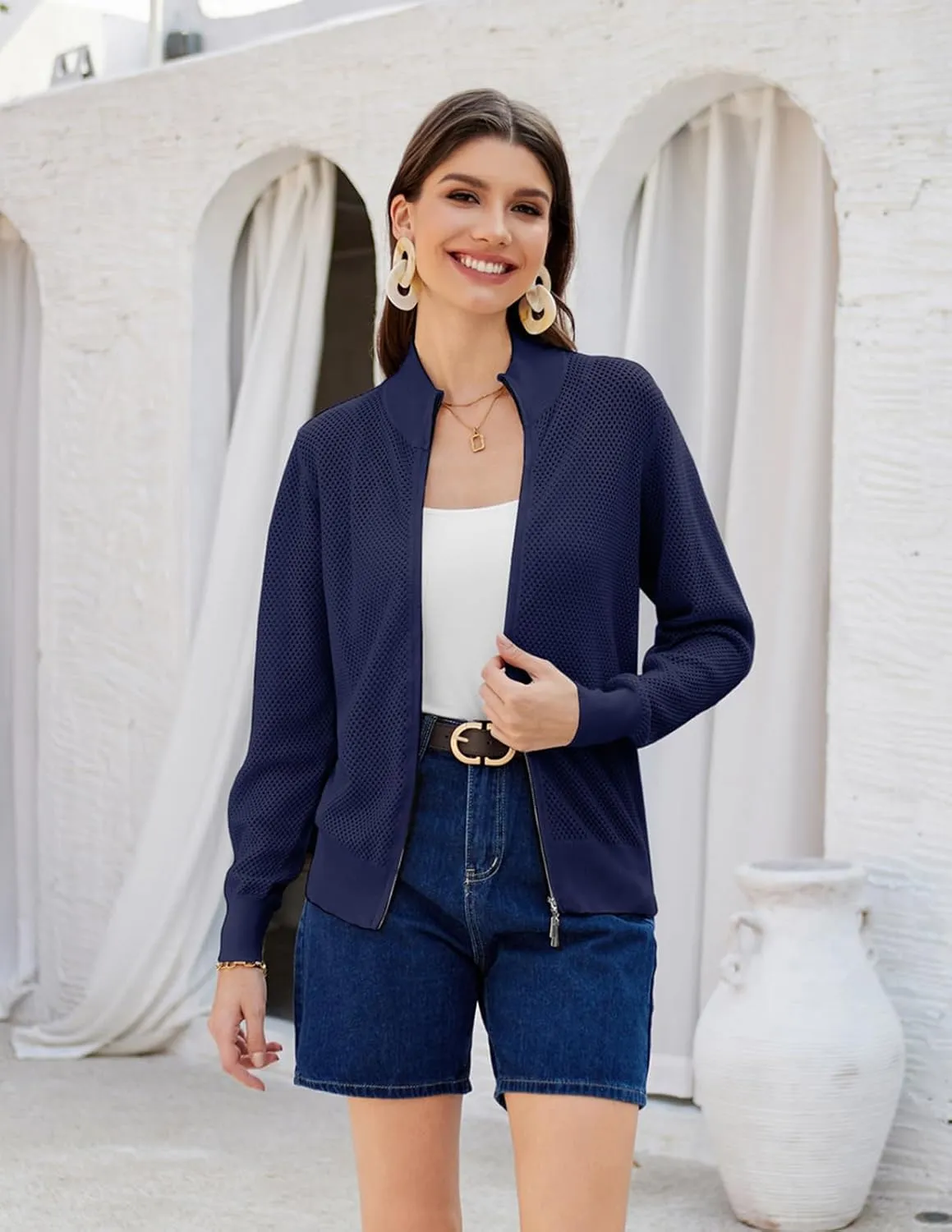 Women's 2025 Summer Mesh Cardigan Lightweight Long Sleeve Zip Up Crochet Knit Sweater Jacket Athleisure Outfits