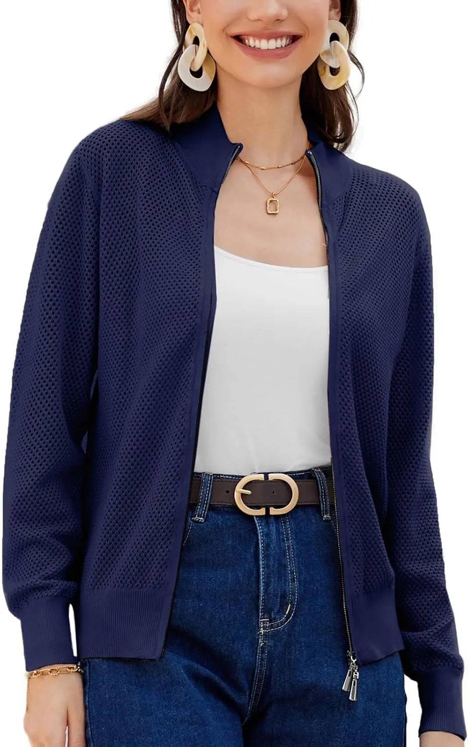 Women's 2025 Summer Mesh Cardigan Lightweight Long Sleeve Zip Up Crochet Knit Sweater Jacket Athleisure Outfits