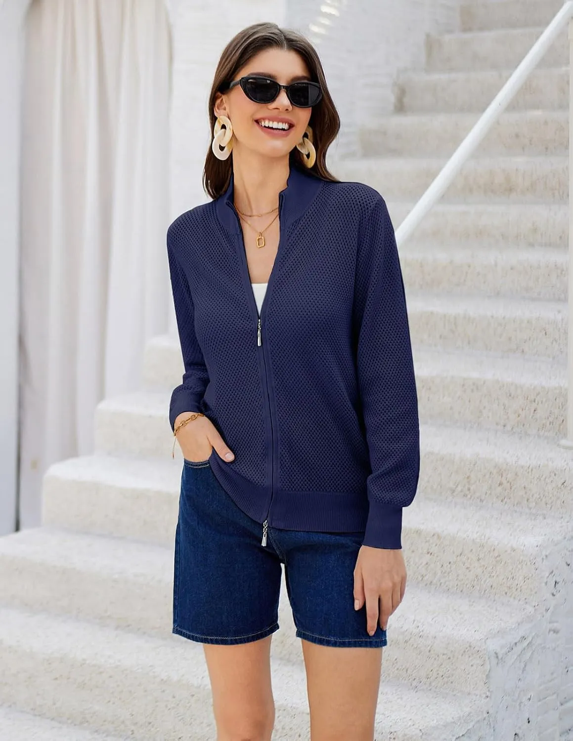 Women's 2025 Summer Mesh Cardigan Lightweight Long Sleeve Zip Up Crochet Knit Sweater Jacket Athleisure Outfits