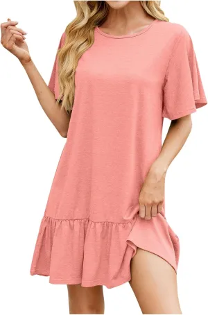 Women's 2025 Summer Mini Dresses Cute Ruffle Hem Loose Flowy Dress Short Sleeve Round Neck Casual Smock Dress
