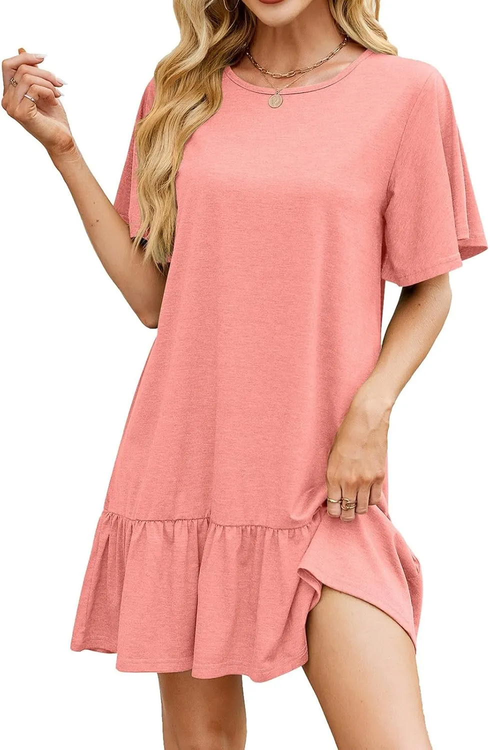 Women's 2025 Summer Mini Dresses Cute Ruffle Hem Loose Flowy Dress Short Sleeve Round Neck Casual Smock Dress