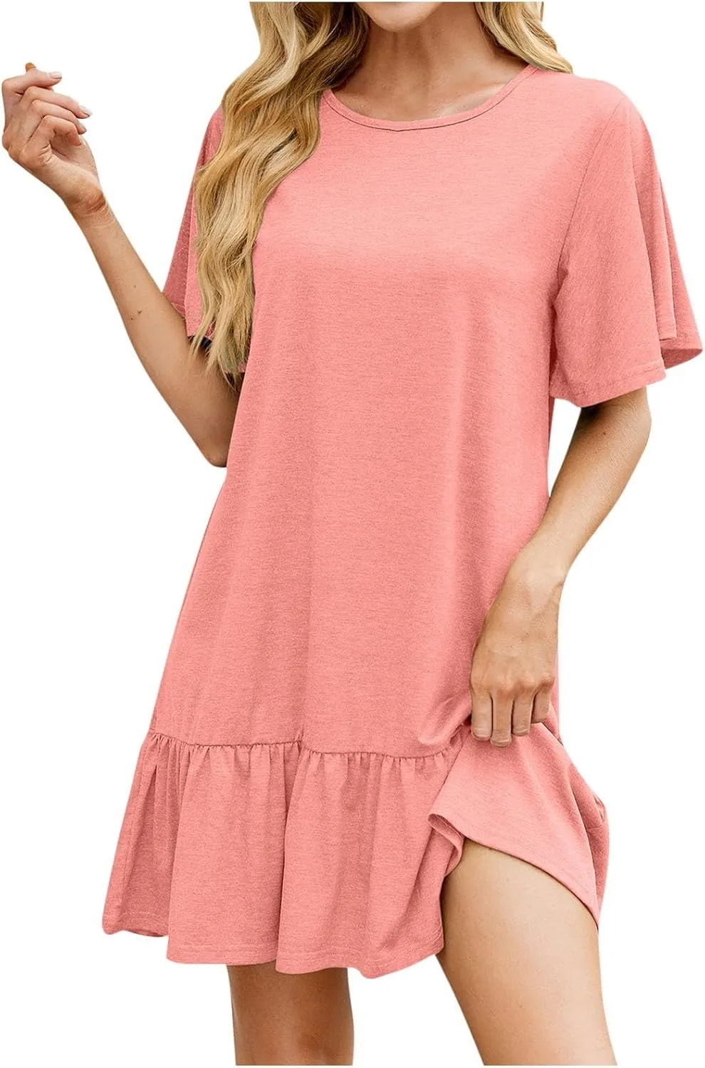 Women's 2025 Summer Mini Dresses Cute Ruffle Hem Loose Flowy Dress Short Sleeve Round Neck Casual Smock Dress