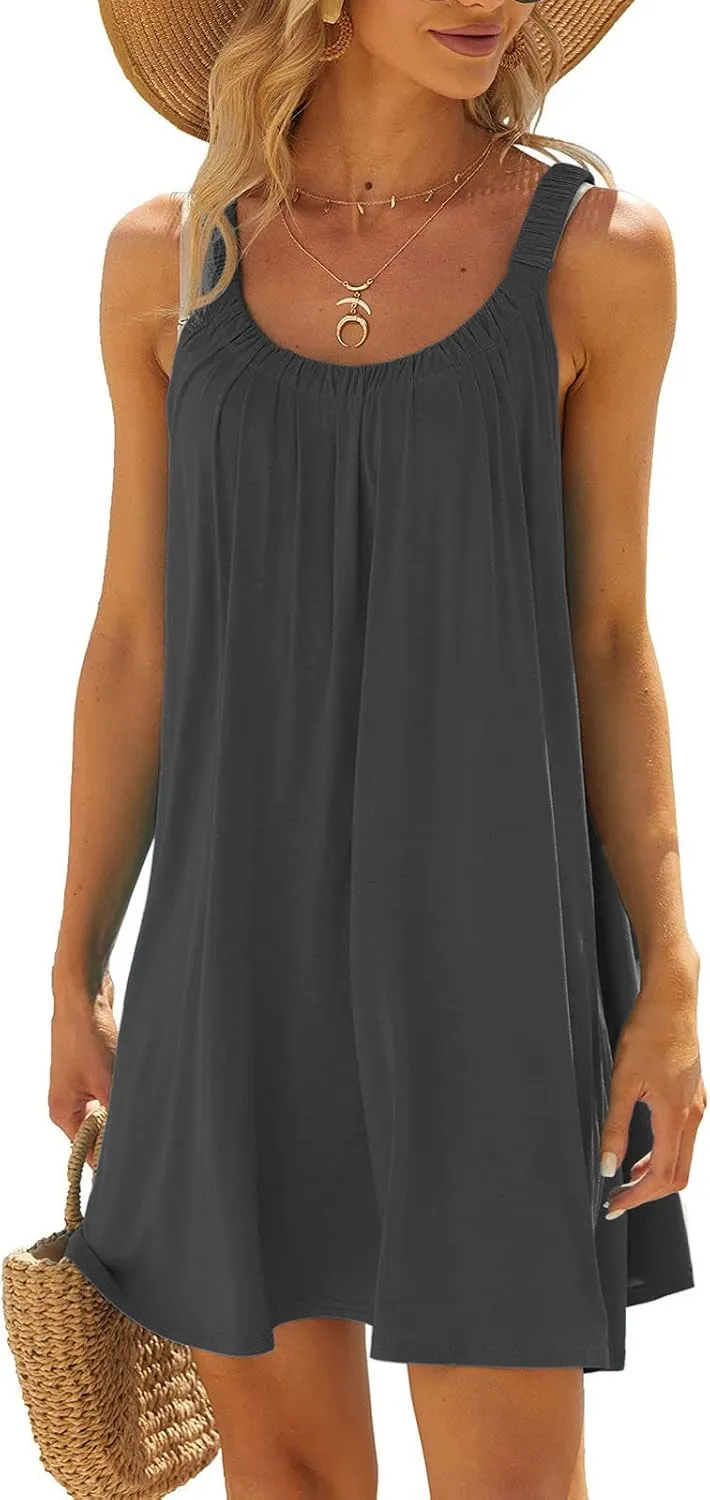 Women's 2025 Sun Dresses Summer Casual Mini Dress Elastic Straps Pleated Beach Dresses Comfy Loose Tank Dress