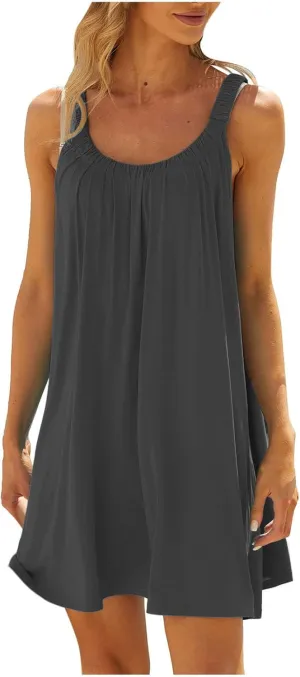 Women's 2025 Sun Dresses Summer Casual Mini Dress Elastic Straps Pleated Beach Dresses Comfy Loose Tank Dress
