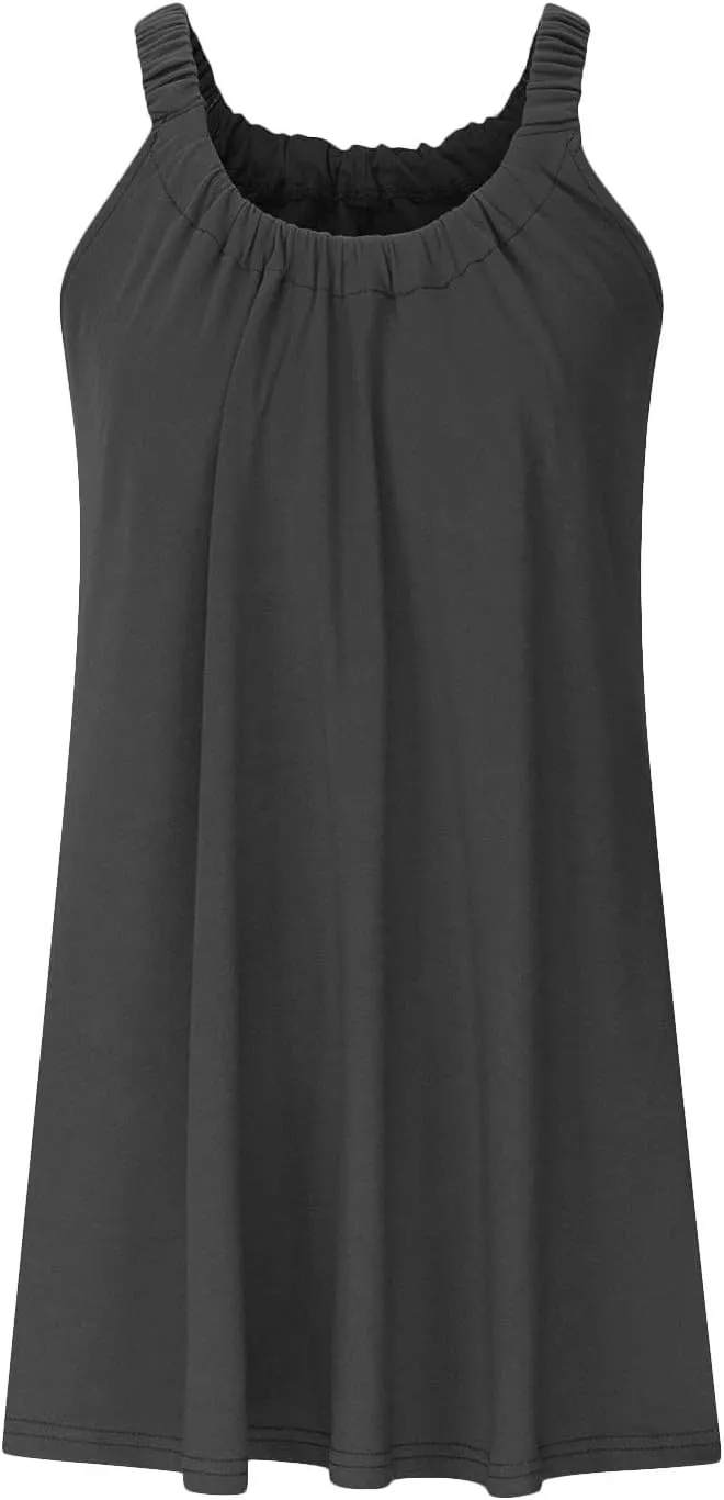 Women's 2025 Sun Dresses Summer Casual Mini Dress Elastic Straps Pleated Beach Dresses Comfy Loose Tank Dress