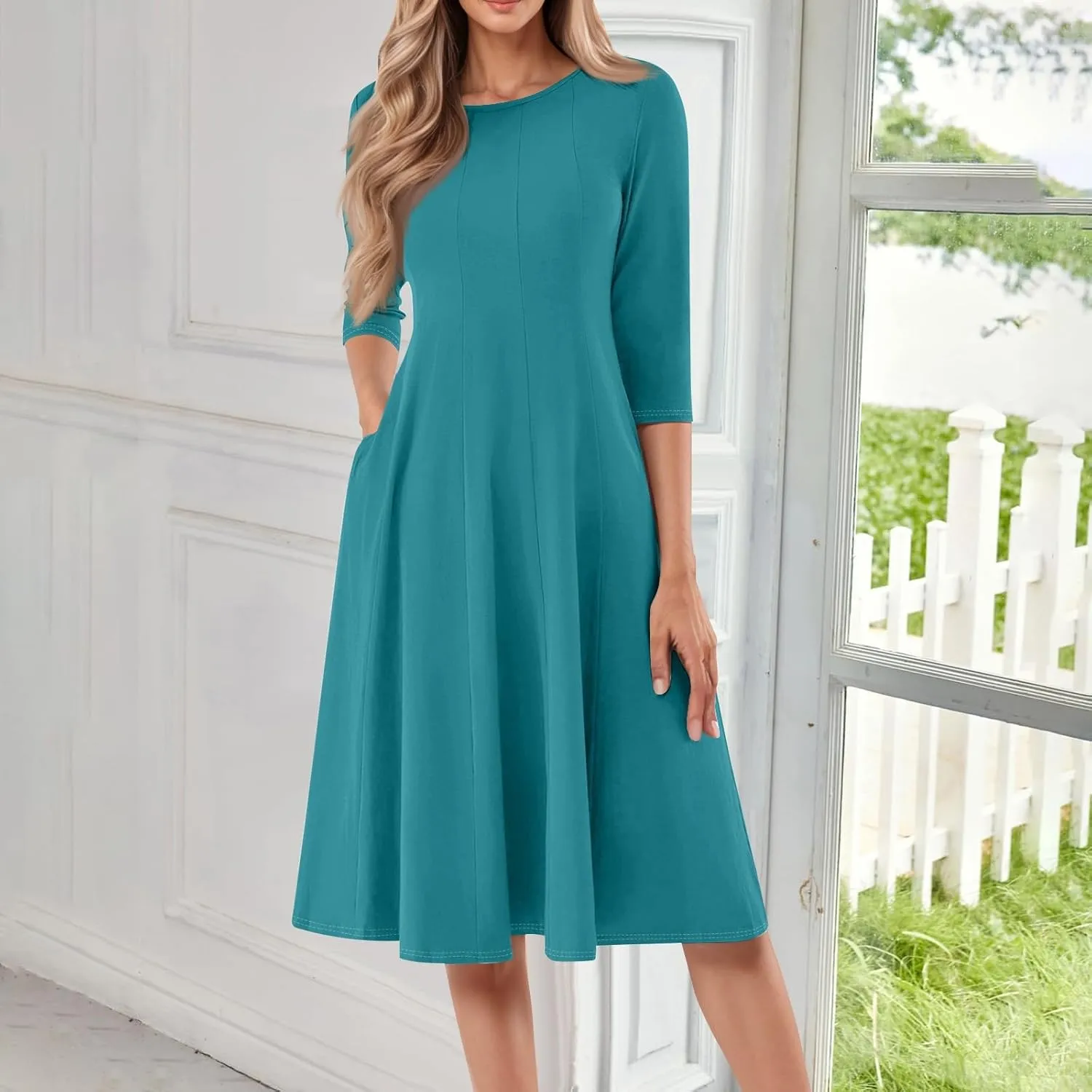Womens 2025 Trendy Dresses Crew Neck 3/4 Sleeve A Line Loose Casual Midi Dress with Pockets