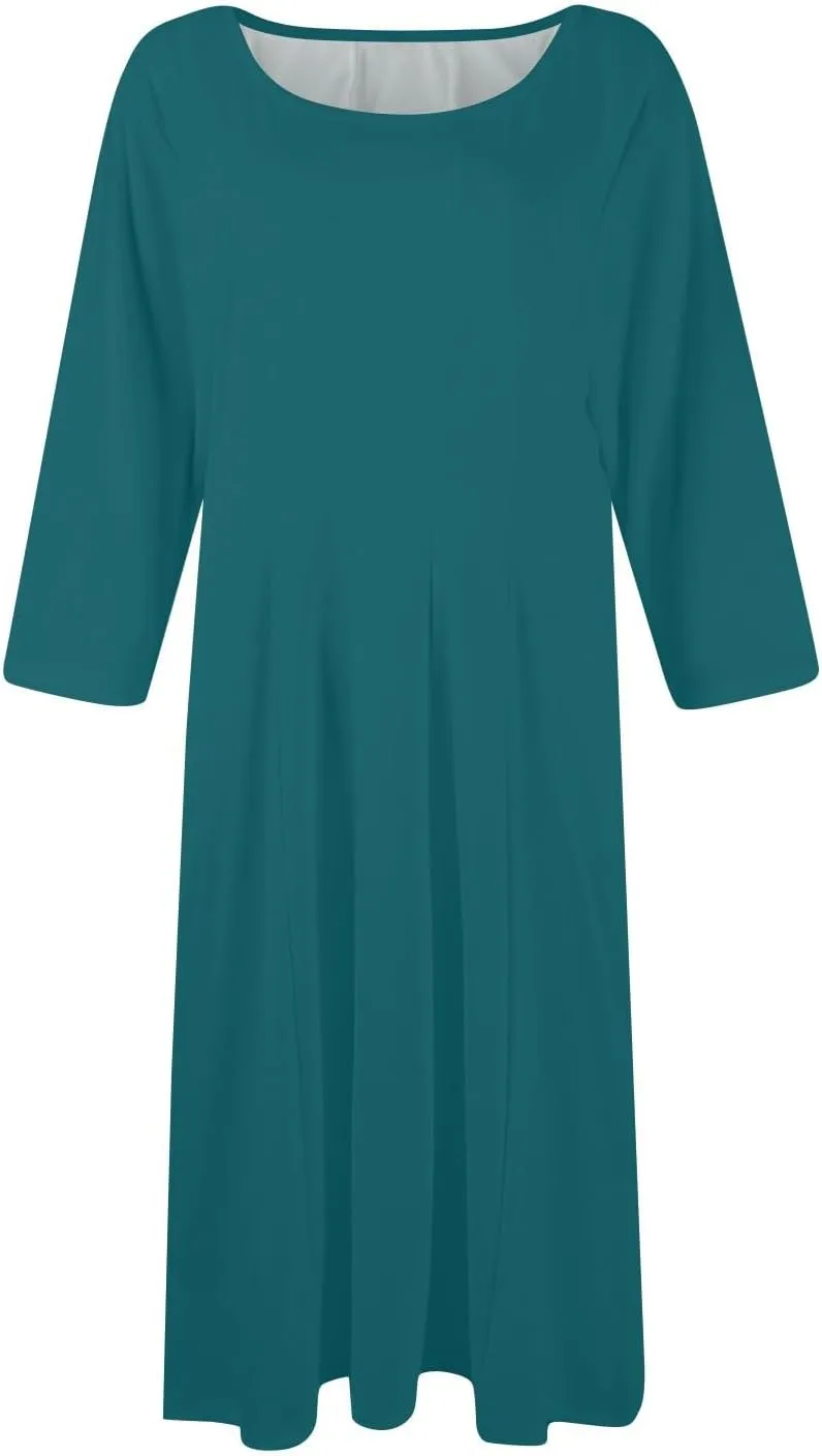 Womens 2025 Trendy Dresses Crew Neck 3/4 Sleeve A Line Loose Casual Midi Dress with Pockets