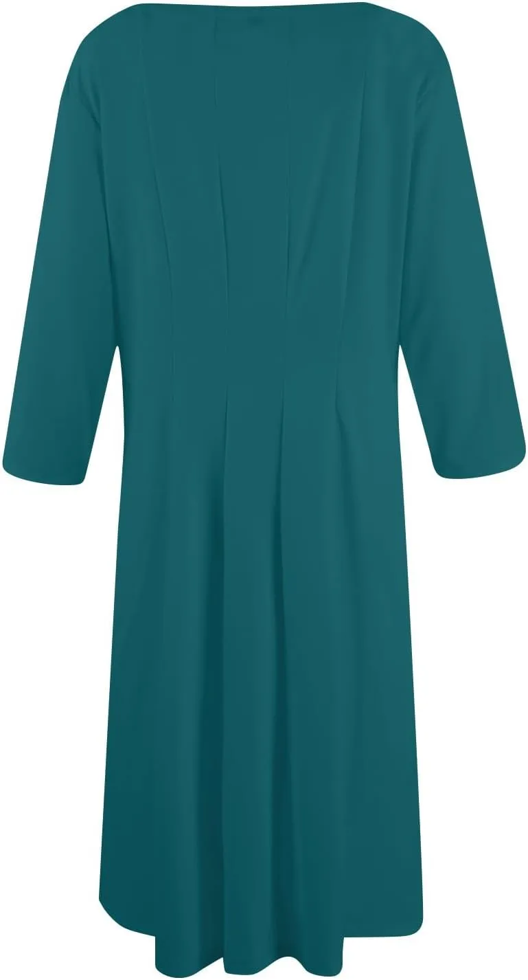 Womens 2025 Trendy Dresses Crew Neck 3/4 Sleeve A Line Loose Casual Midi Dress with Pockets