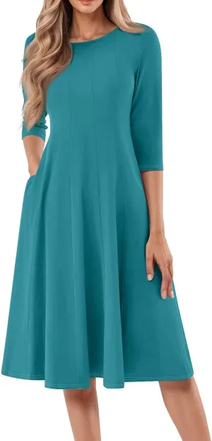 Womens 2025 Trendy Dresses Crew Neck 3/4 Sleeve A Line Loose Casual Midi Dress with Pockets