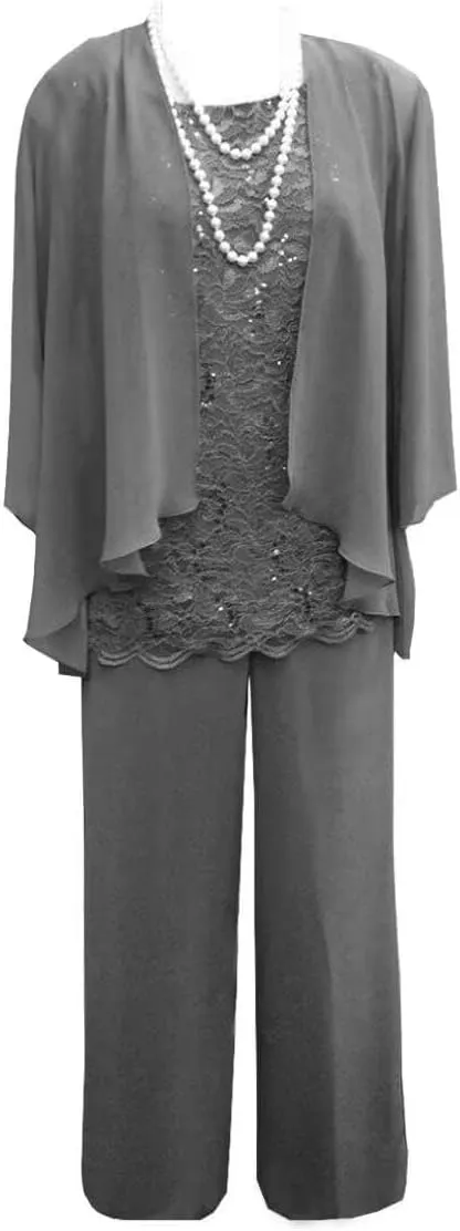 Women's 3 Pieces Mother of The Bride Dress Pant Suits Lace Chiffon Wedding Guest Dress with Jacket
