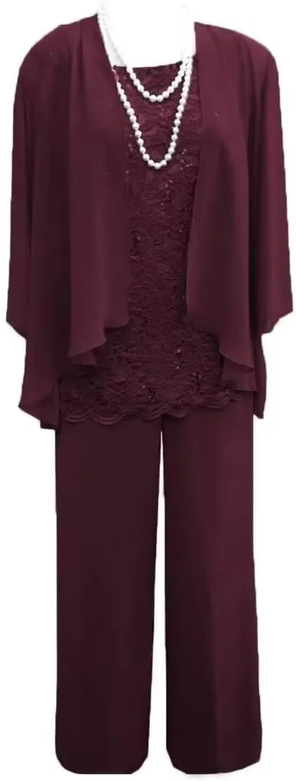 Women's 3 Pieces Mother of The Bride Dress Pant Suits Lace Chiffon Wedding Guest Dress with Jacket