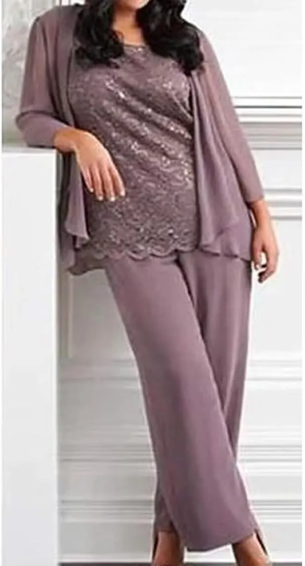 Women's 3 Pieces Mother of The Bride Dress Pant Suits Lace Chiffon Wedding Guest Dress with Jacket
