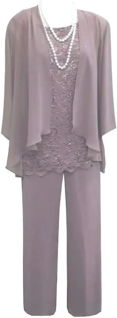 Women's 3 Pieces Mother of The Bride Dress Pant Suits Lace Chiffon Wedding Guest Dress with Jacket