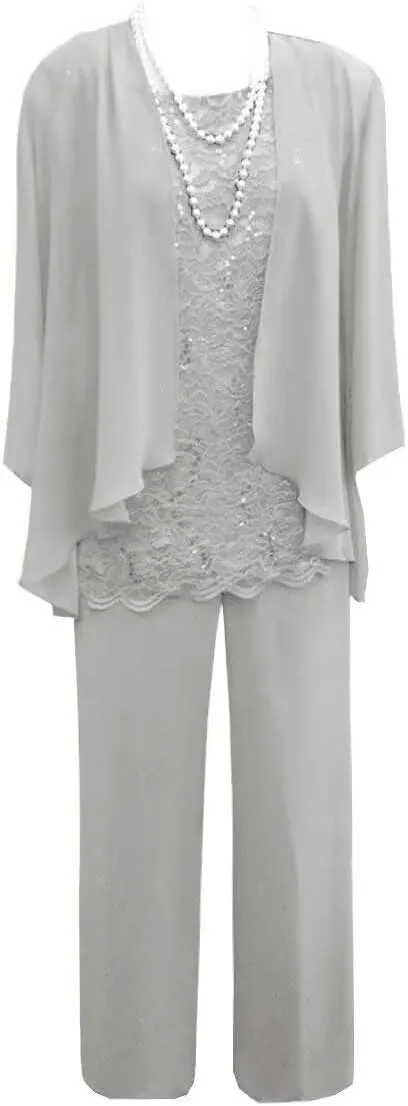 Women's 3 Pieces Mother of The Bride Dress Pant Suits Lace Chiffon Wedding Guest Dress with Jacket